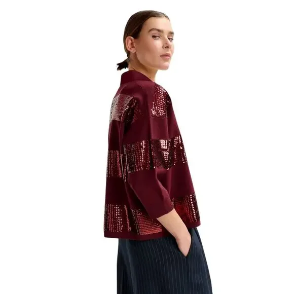 ESSENTIEL ANTWERP Illuminati Sequin Striped Polo Shirt in Wine S